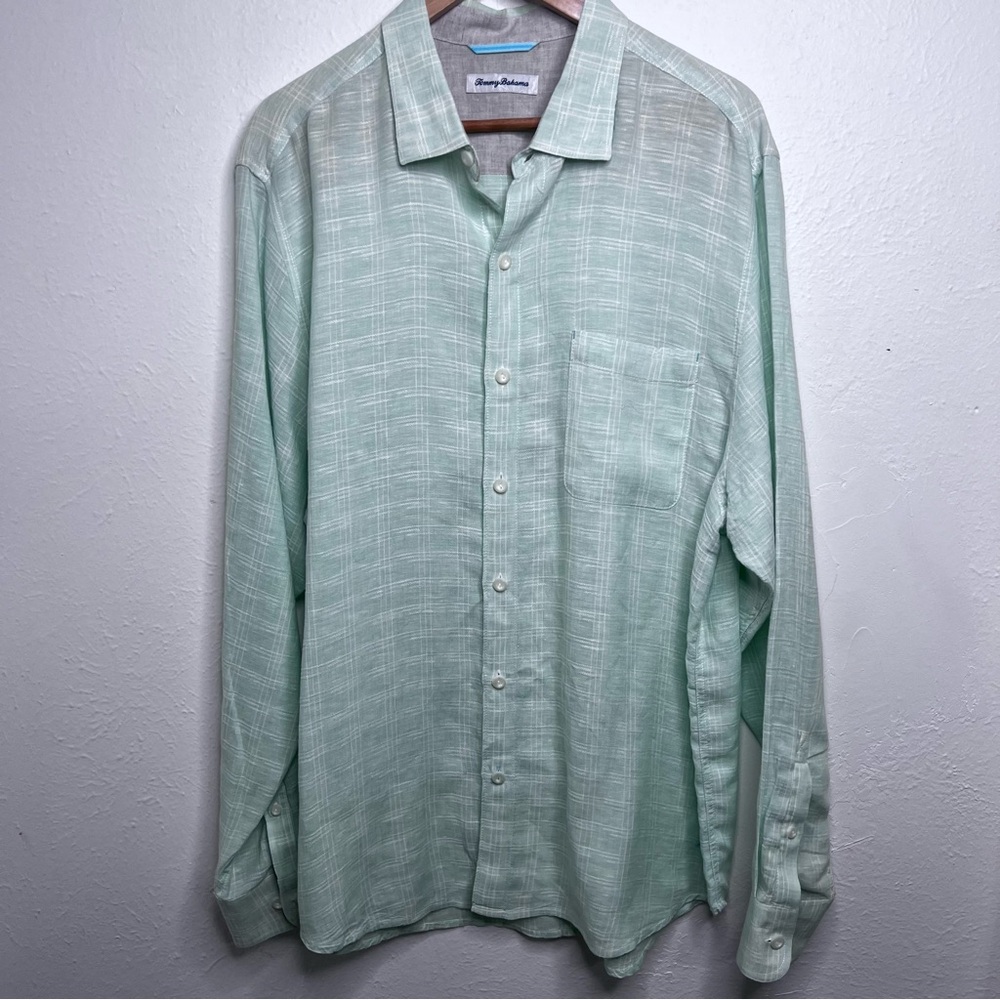 Tommy Bahama Mens XL 100% Linen Blend Button Up Light Green Long Sleeve